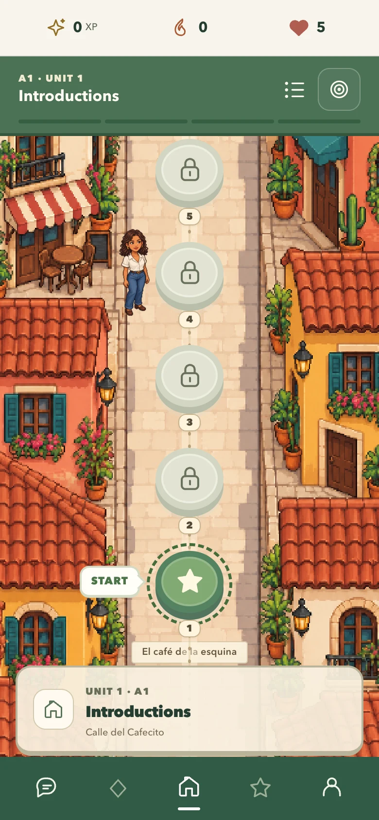 The Spanish course map in Write Speak Learn, with lessons arranged along a neighborhood street.